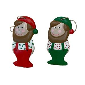Duncan Enterprises 1976 Elf Ornament Duo Ceramic Hand Painted Green Red Brown